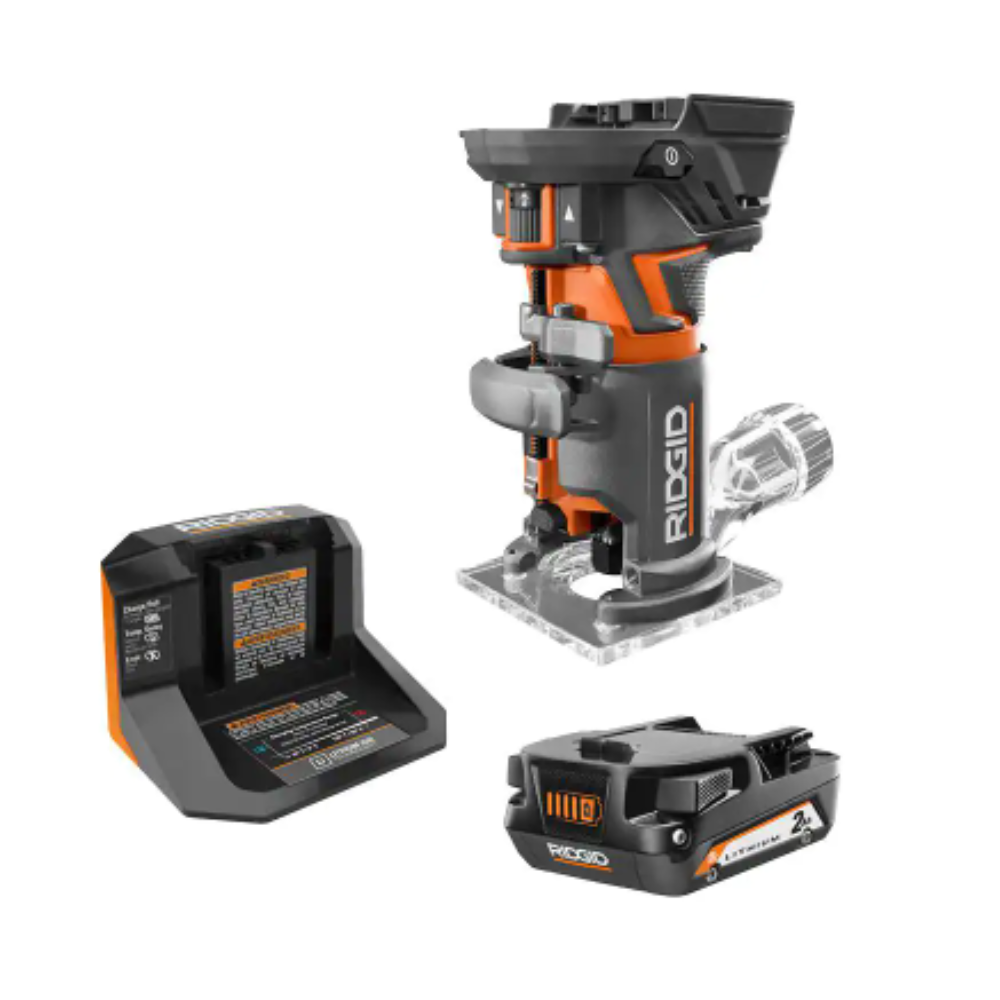 Ridgid 18V OCTANE Brushless Cordless Compact Fixed Base Router Kit w/ Bit. Bases. 18V Lithium-Ion 2.0 Ah Battery. and Charger