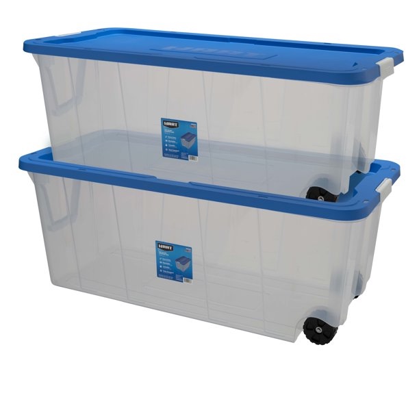 Hart 200 Quart Clear Latching Rolling Plastic Storage Bin. Clear Tote/Blue Lid. Set of 2