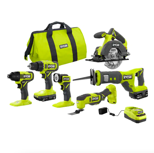 Ryobi ONE+ 18V Cordless 6-Tool Combo Kit with 1.5 Ah Battery. 4.0 Ah Battery & Charger (PCL1600K2)