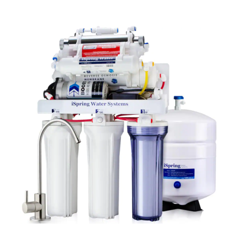 iSpring 7-Stage 100 GPD Under-Sink Reverse Osmosis Drinking Water Filtration System with Booster Pump. Alkaline Filter and UV