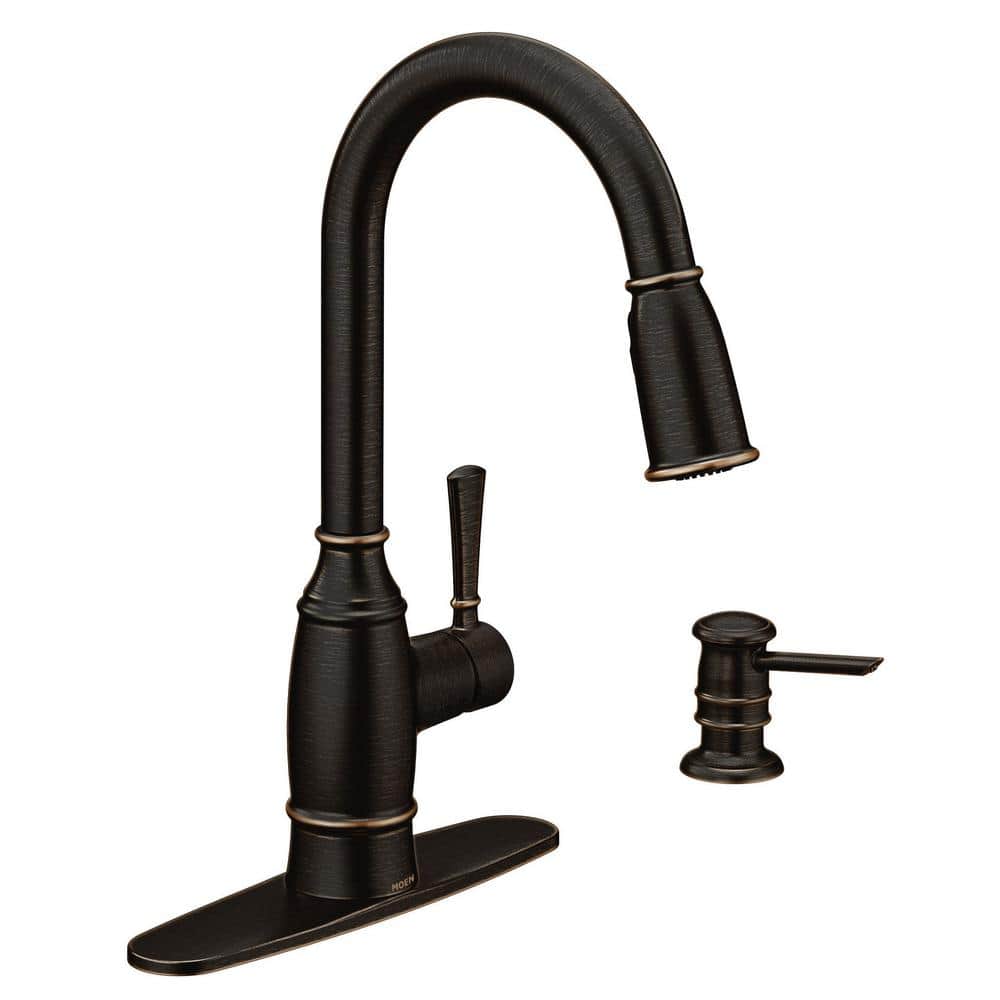 Moen Noell Single-Handle Pull-Down Sprayer Kitchen Faucet With Reflex. Soap Dispenser And Power Clean In Mediterranean Bronze