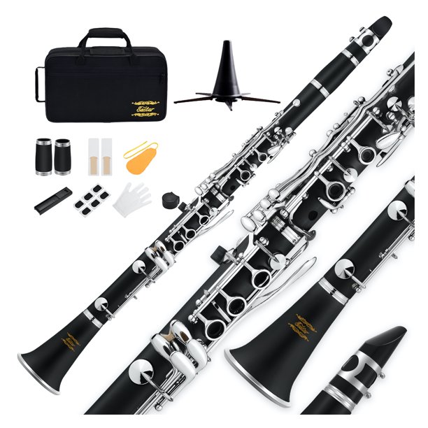 Eastar ECL-300 Clarinet B Flat Ebonite Bb with 2 Barrels and Mouthpiece Connectors. 3 Reeds. Hard Case. Cloth. Stand and More