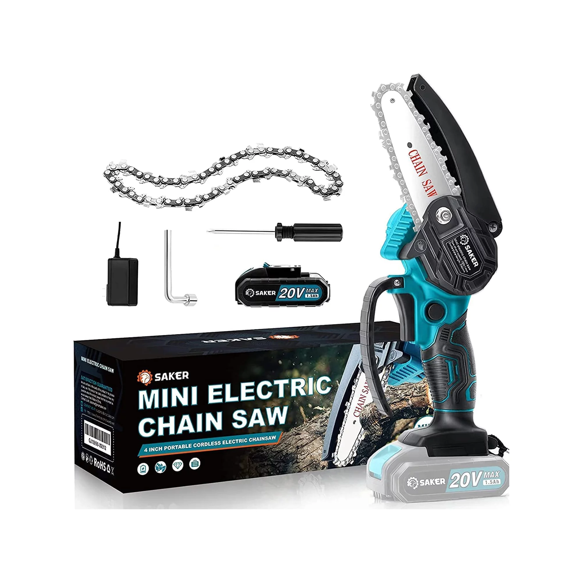 Saker 4-Inch Portable Electric Chainsaw. Cordless (Mini Chainsaw + 1 Battery)