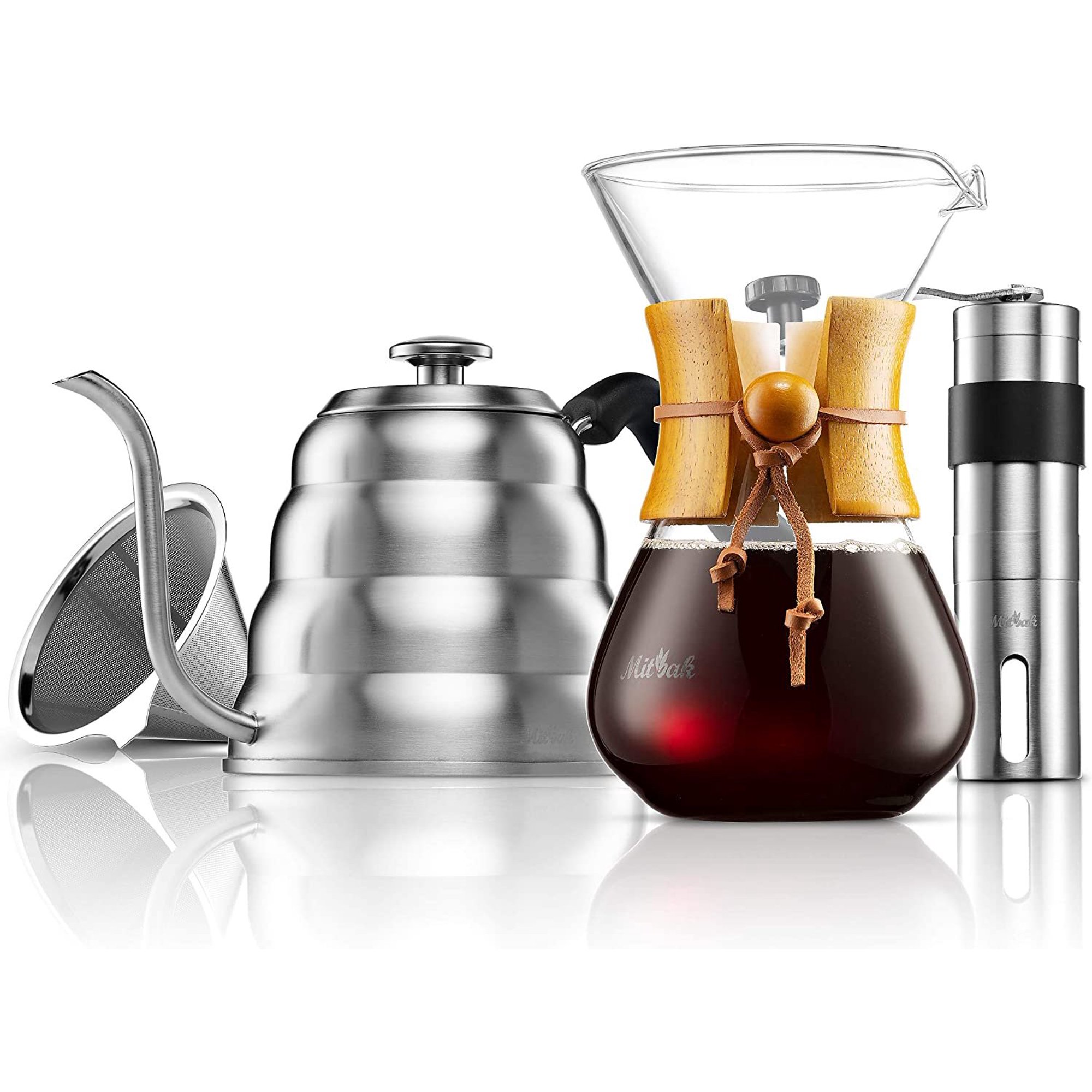 Mitbak Pour Over Coffee Maker Set. Includes 40 Oz Gooseneck Kettle with Thermometer. Coffee Mill Grinder & 20 Oz Coffee Dripper Brewer
