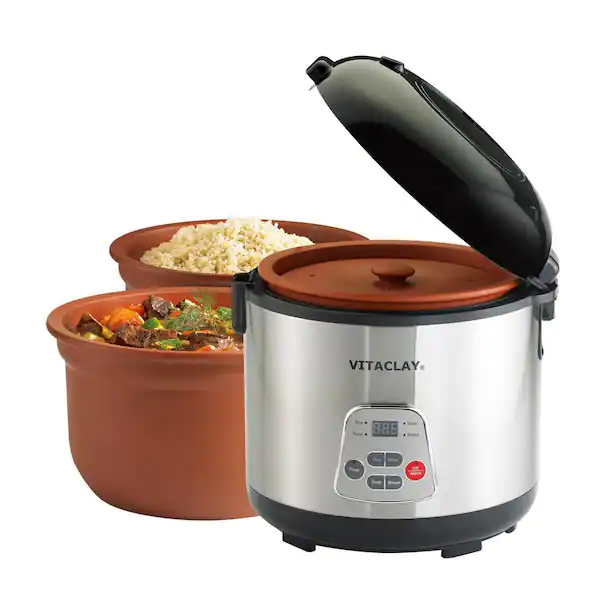 Vitaclay 8 Cup/4 qt. 2-in-1 Stainless Steel Rice N- Slow Cooker in Clay Pot