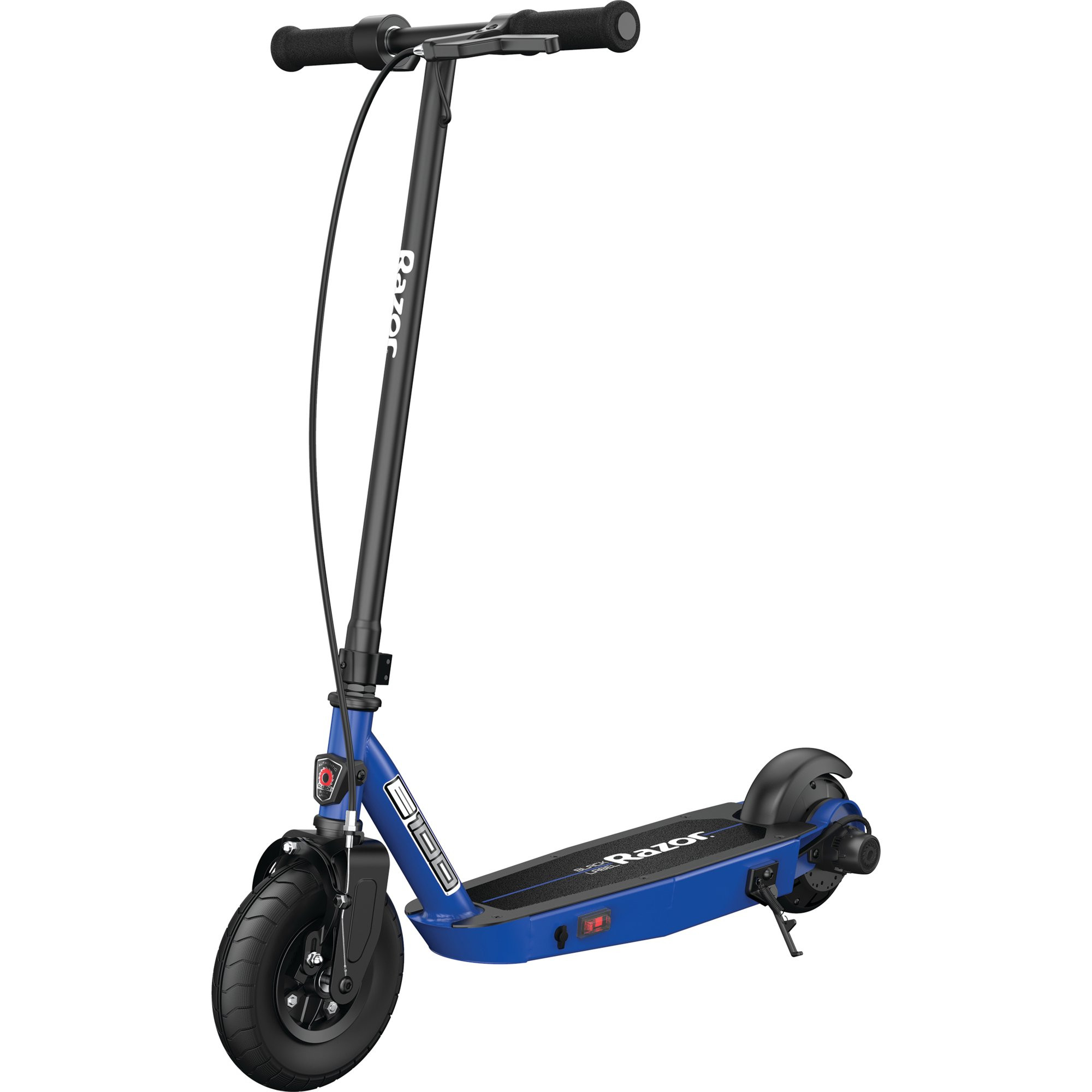 Razor Black Label E100 Electric Scooter. 8″ Pneumatic Front Tire. 90W Power Core High-Torque Hub Motor. Blue