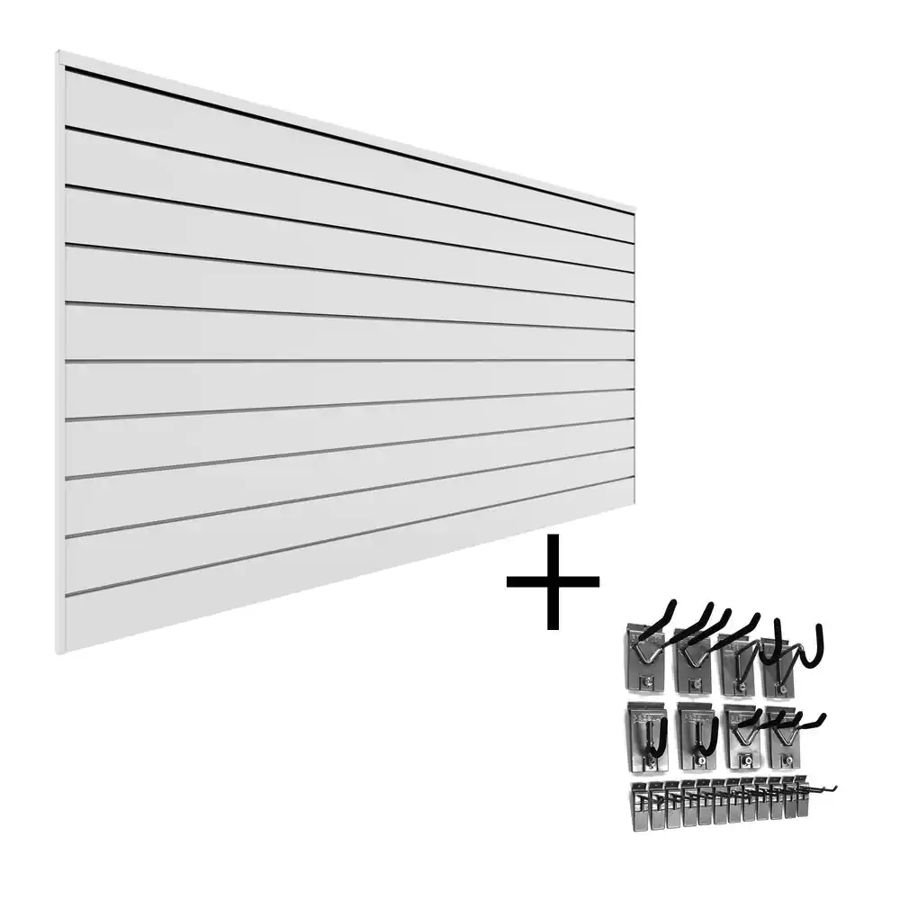 Proslat PVC Slatwall 8 ft. x 4 ft. White Hook Kit Bundle (20-Piece)