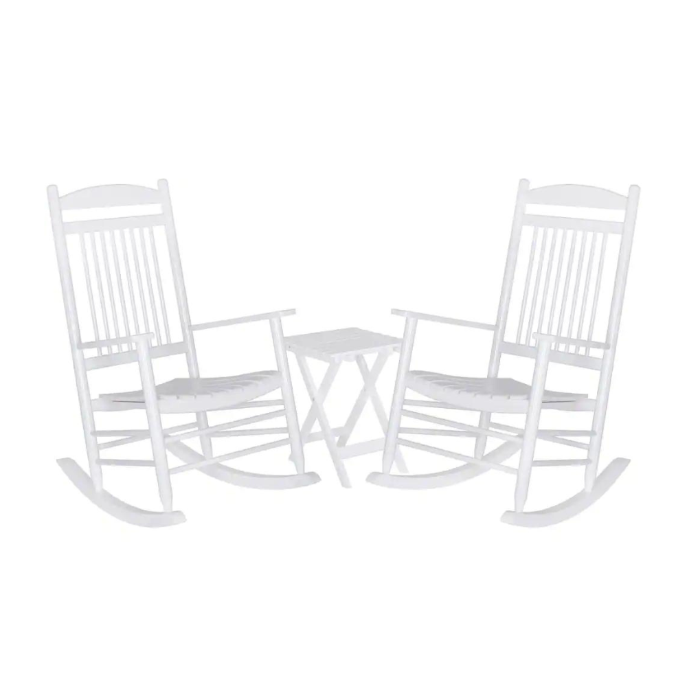 Veikous White 3-Piece Wooden Patio Outdoor Rocking Chair Set