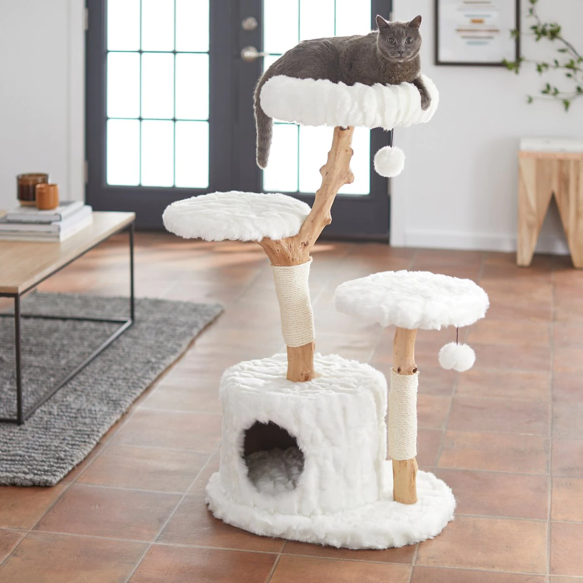 Frisco Natural Wood Modern Cat Tree with Toy. Ivory. Large