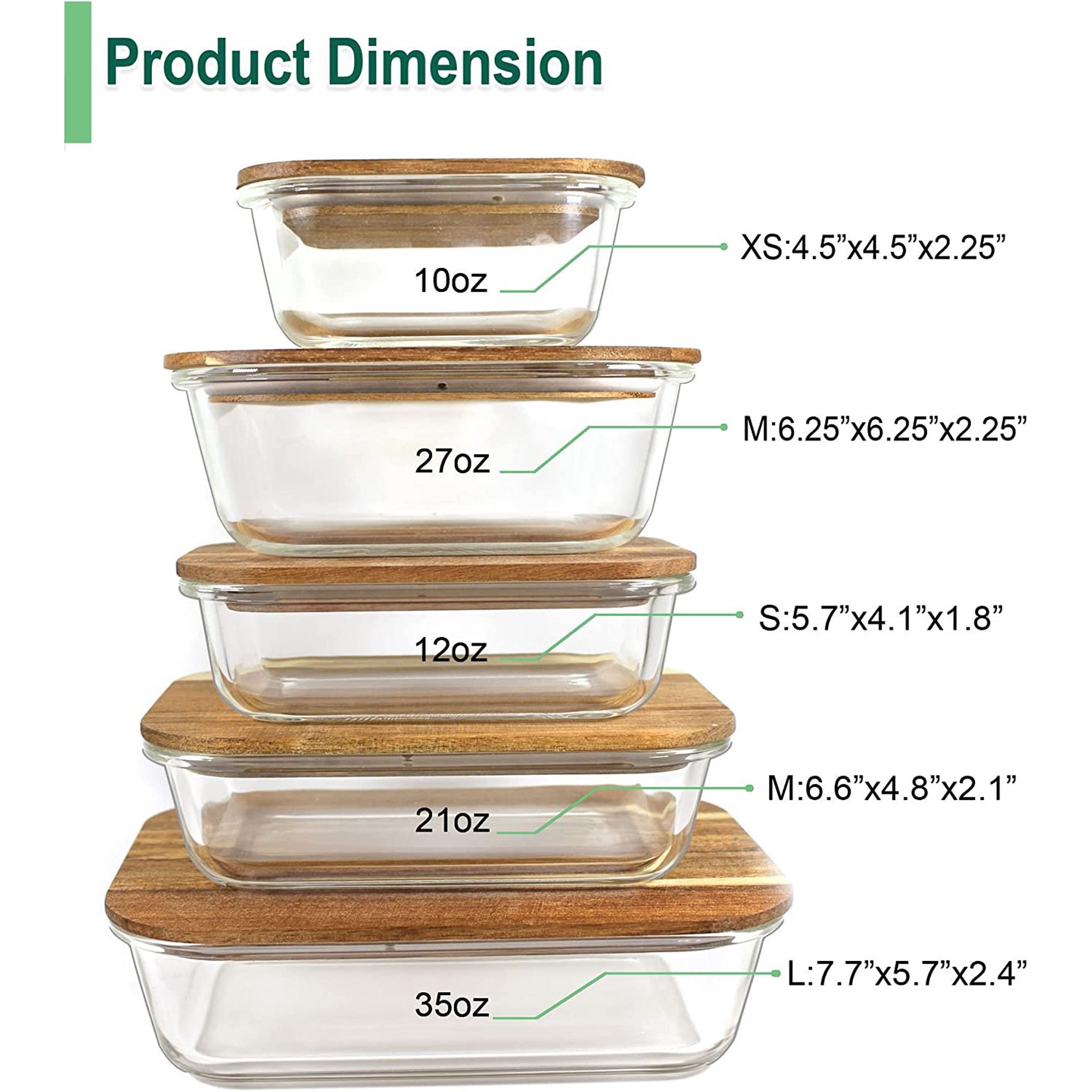 Urban Green Glass Food Storage Container with Wood Lid. 5 Packs