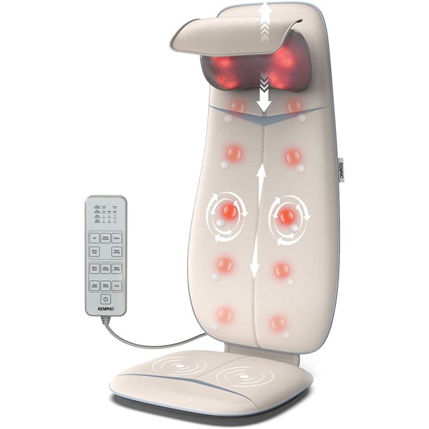 Renpho Back Massager With Heat. Shiatsu Rolling Chair Massage Pad For Full Back Shoulder Neck. Beige