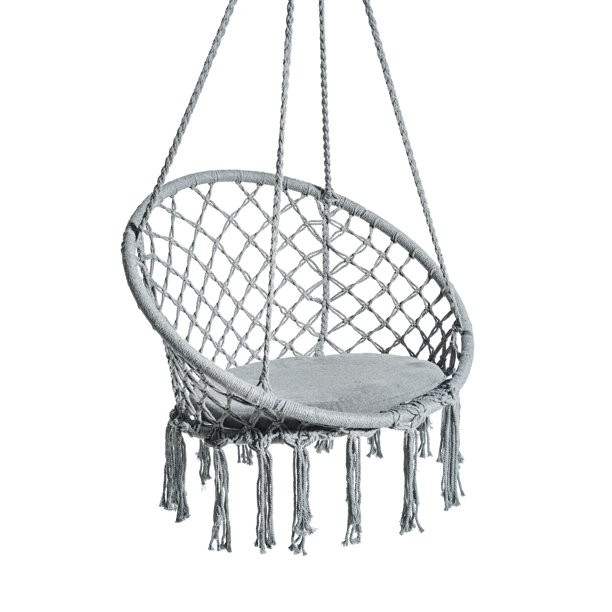 Bliss Hammocks BHC-102GRY 31.5″ Wide Macram  Swing Chair w/ Fringe lining & Padded Cushion. Gray