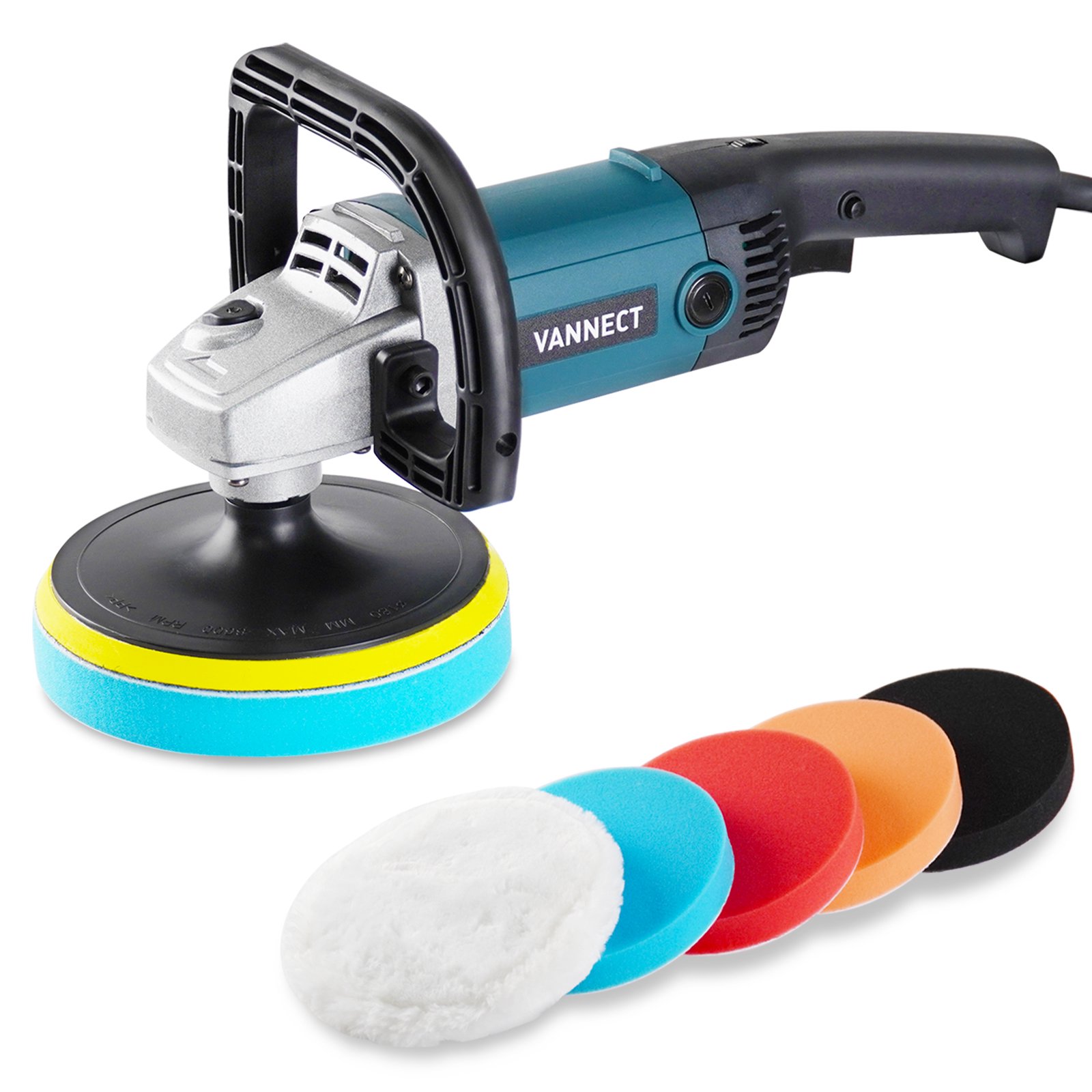 Vannect 1200W 7-Inch Buffer Polisher with 6 Variable Speed. 5 Foam Pads. Detachable Handle and Safety Lock
