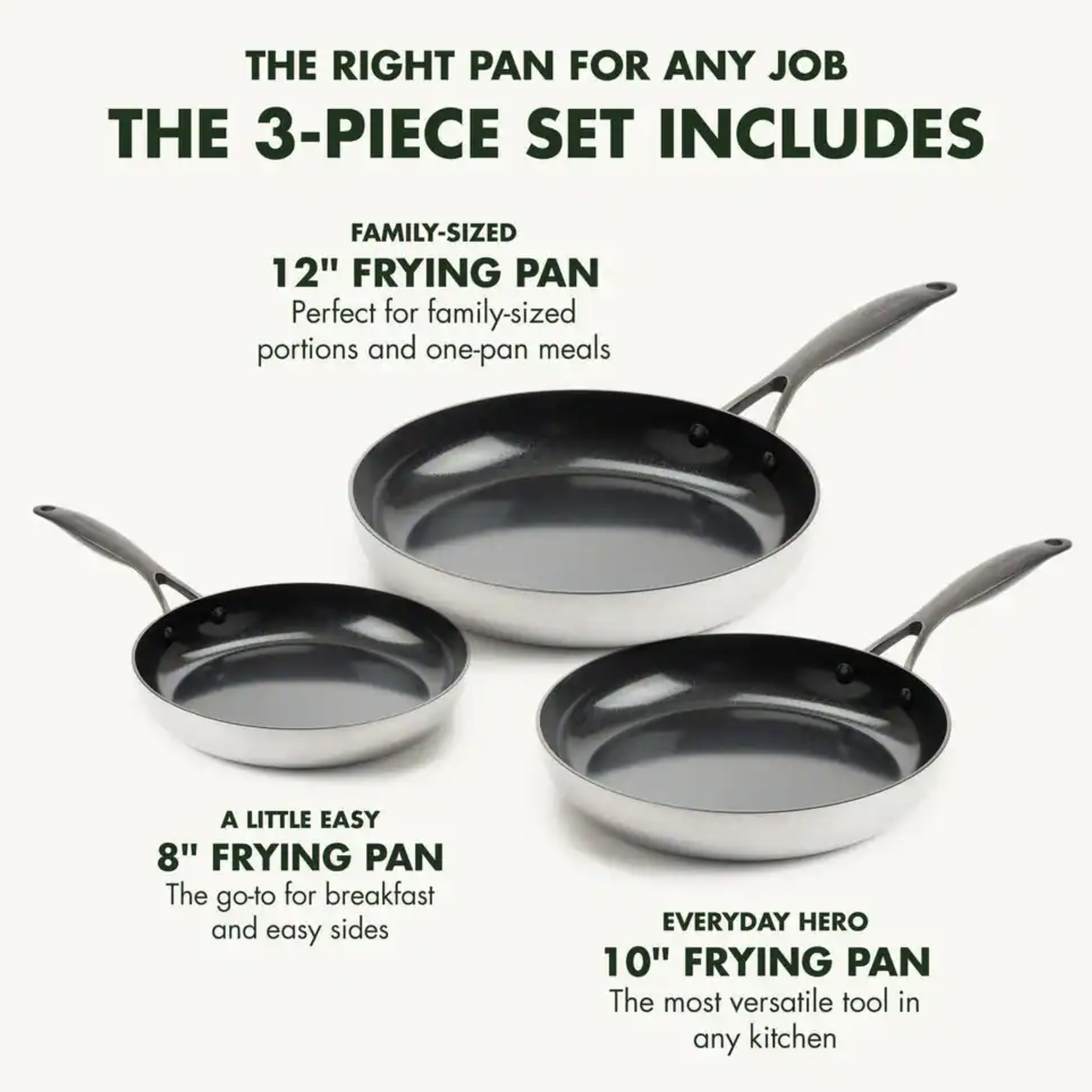 GreenPan Venice Pro Noir Tri-Ply Stainless Steel Healthy Ceramic Nonstick 3 Piece. 8 in. 10 in. and 12 in. Frying Pan Skillet Set