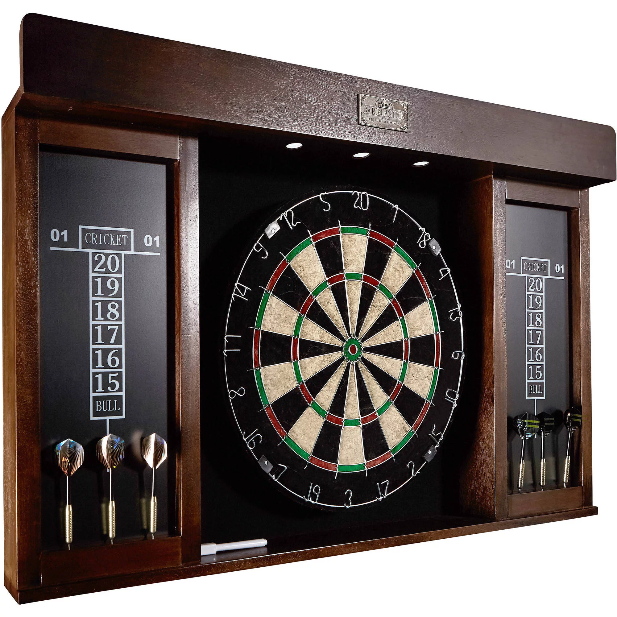 Barrington 40″ Dartboard Cabinet Set. LED Lights. Steel Tip Darts. Brown/Black