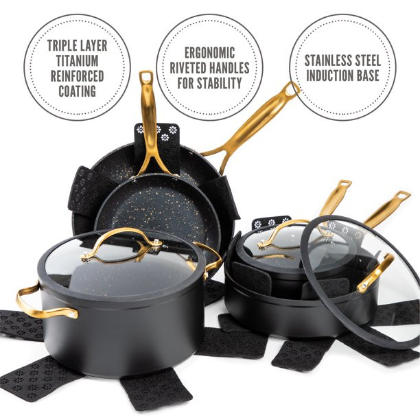 Thyme & Table Non-Stick 12 Piece Gold Pots And Pans Cookware Set. Gold
