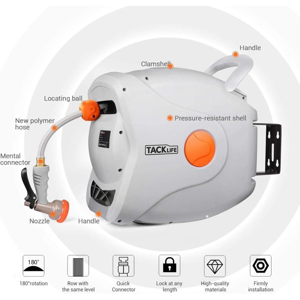 Tacklife Garden Retractable Hose Reel 82+8 Ft 5/8” Wall Mounted Hose Reel