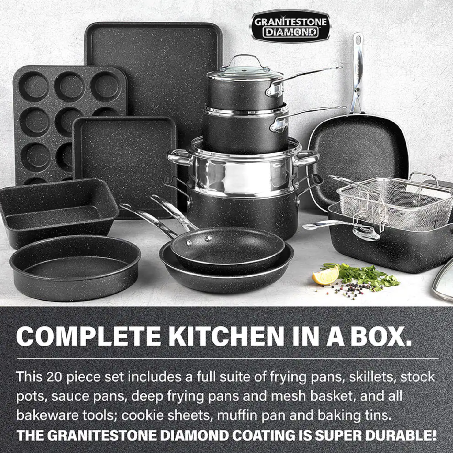 Granitestone 20-Piece Aluminum Ultra-Durable Non-Stick Diamond Infused Cookware and Bakeware Set