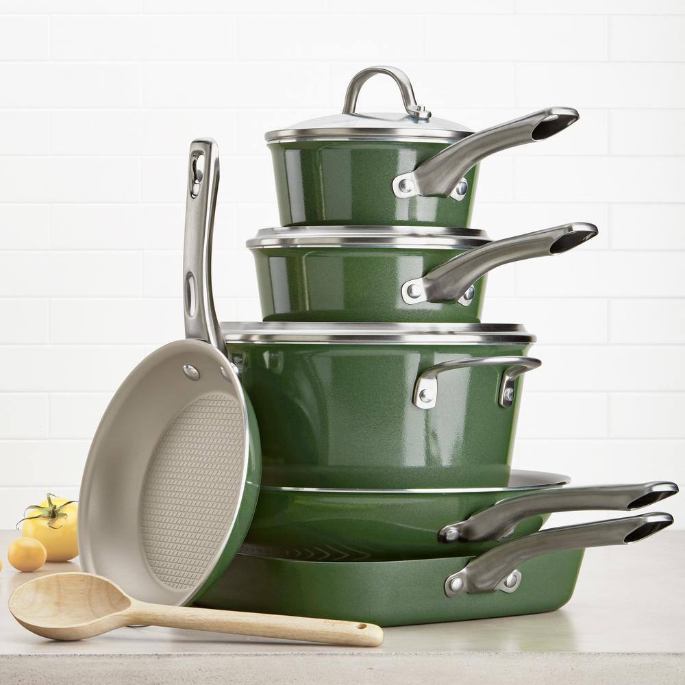 Ayesha Curry Ayesha Home Collection Porcelain Enamel Nonstick Cookware Set. 10-Piece. Basil Green
