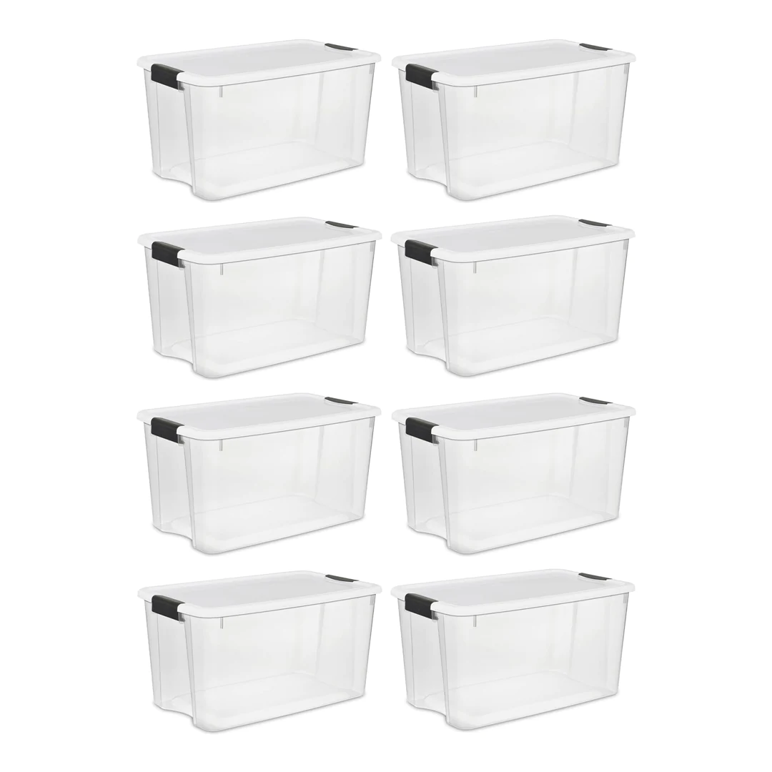 Sterilite 70 Quart XL Clear Plastic Stacking Storage Container Boxes. 8 Pack