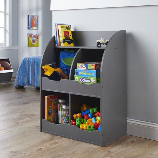 Badger Basket Kid-s Four Bin Toy Storage Cubby with Bookshelf - Charcoal