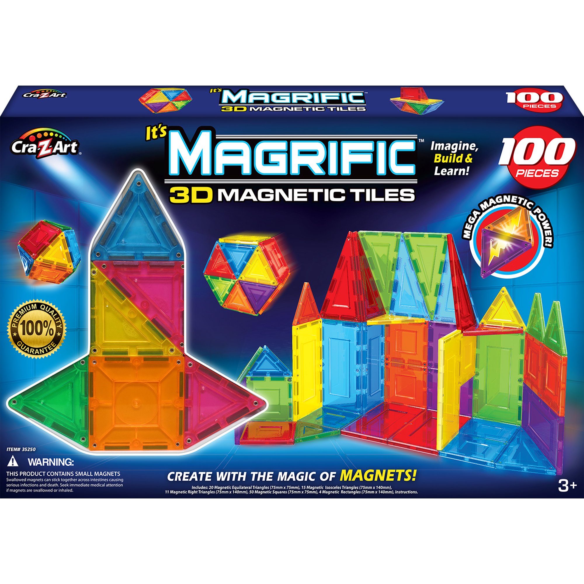 Cra-Z-Art Magrific 100 Piece Multicolor 3D Magnetic Tiles Set. Fun STEM Toy for Ages 3 and up