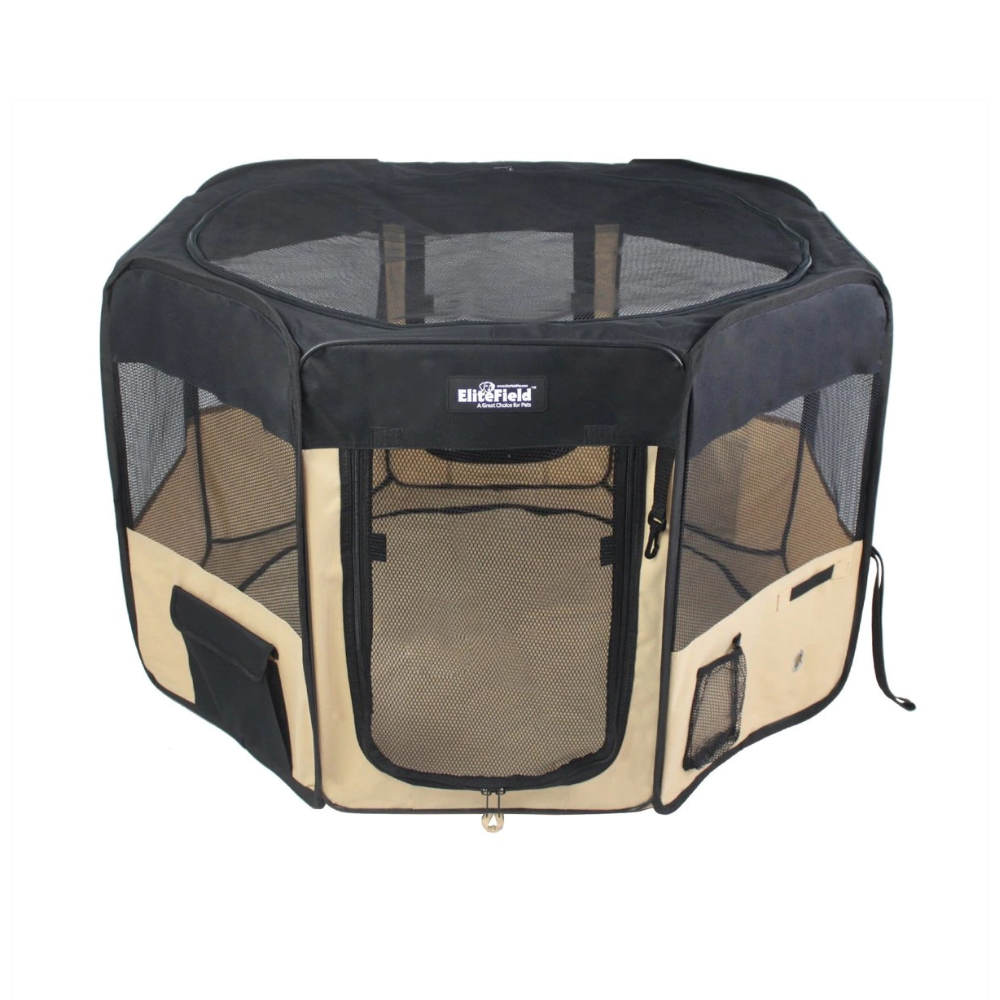 EliteField 2-Door Soft-Sided Dog & Cat Playpen. Black & Beige. 62 x 62 x 36-in
