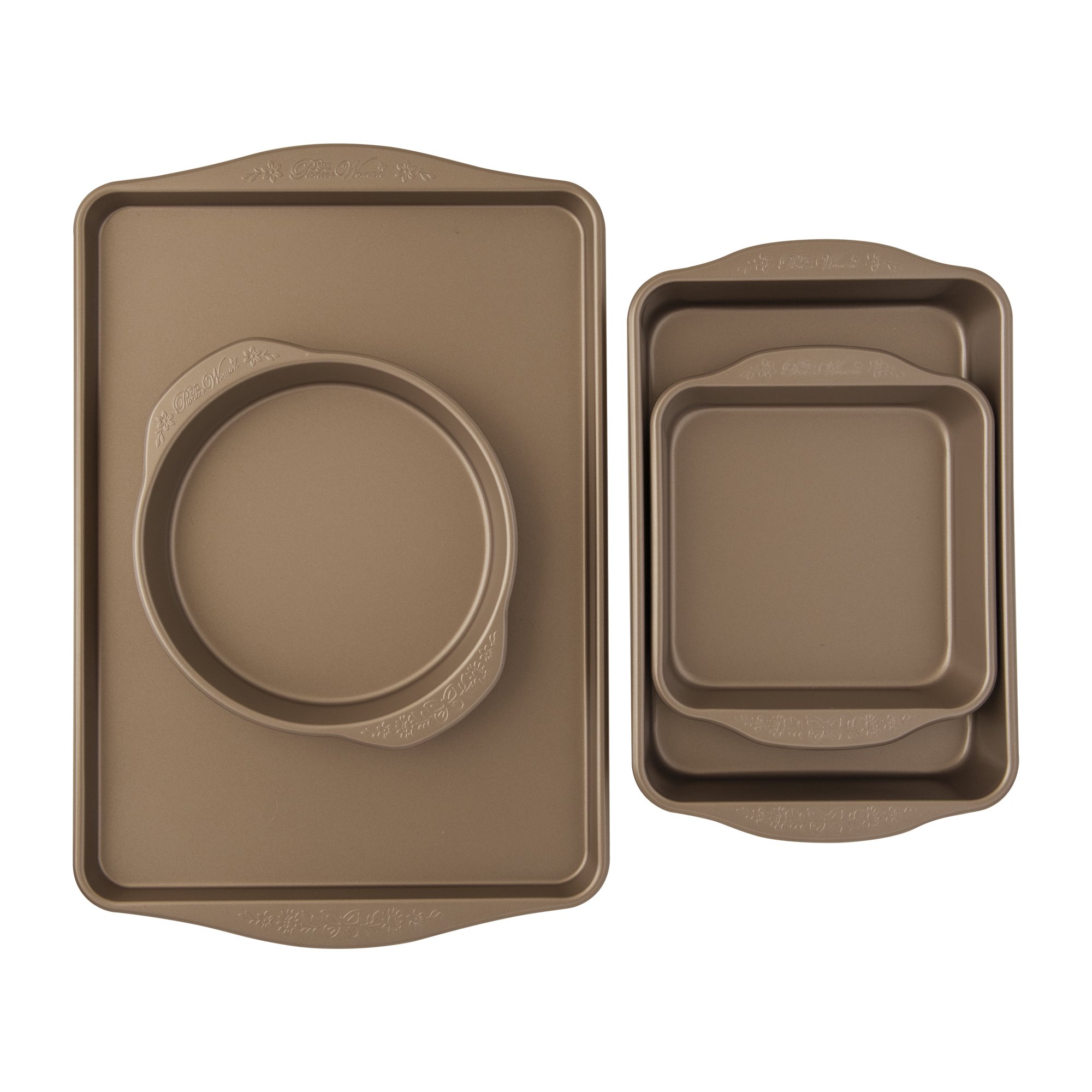 The Pioneer Woman 4-Piece Nonstick Metal Bakeware Bundle. 9 Round. 9×13. 8 Square. and Large Cookie Sheet