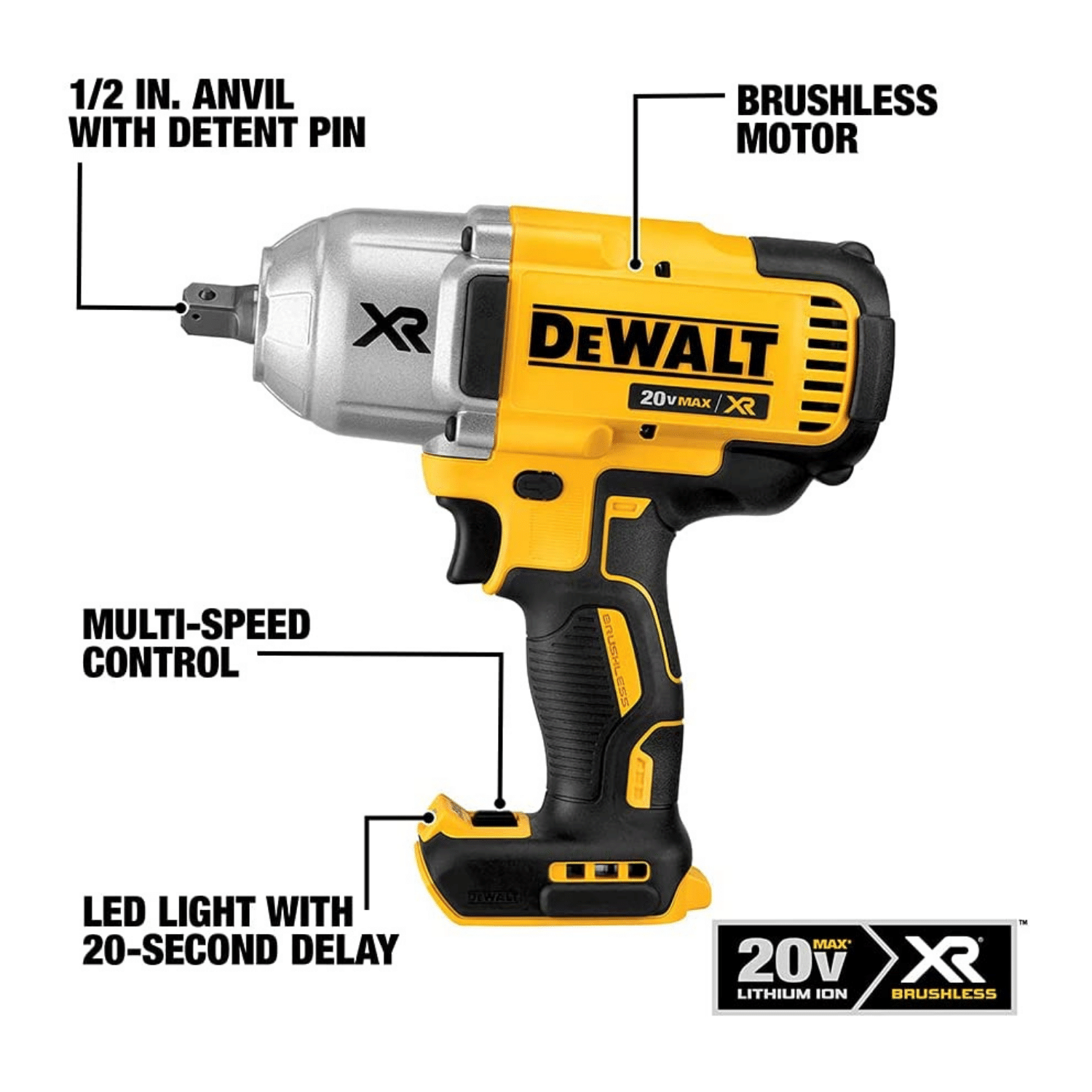 Dewalt 20V Max XR Impact Wrench Kit. Brushless. High Torque. Detent Pin Anvil