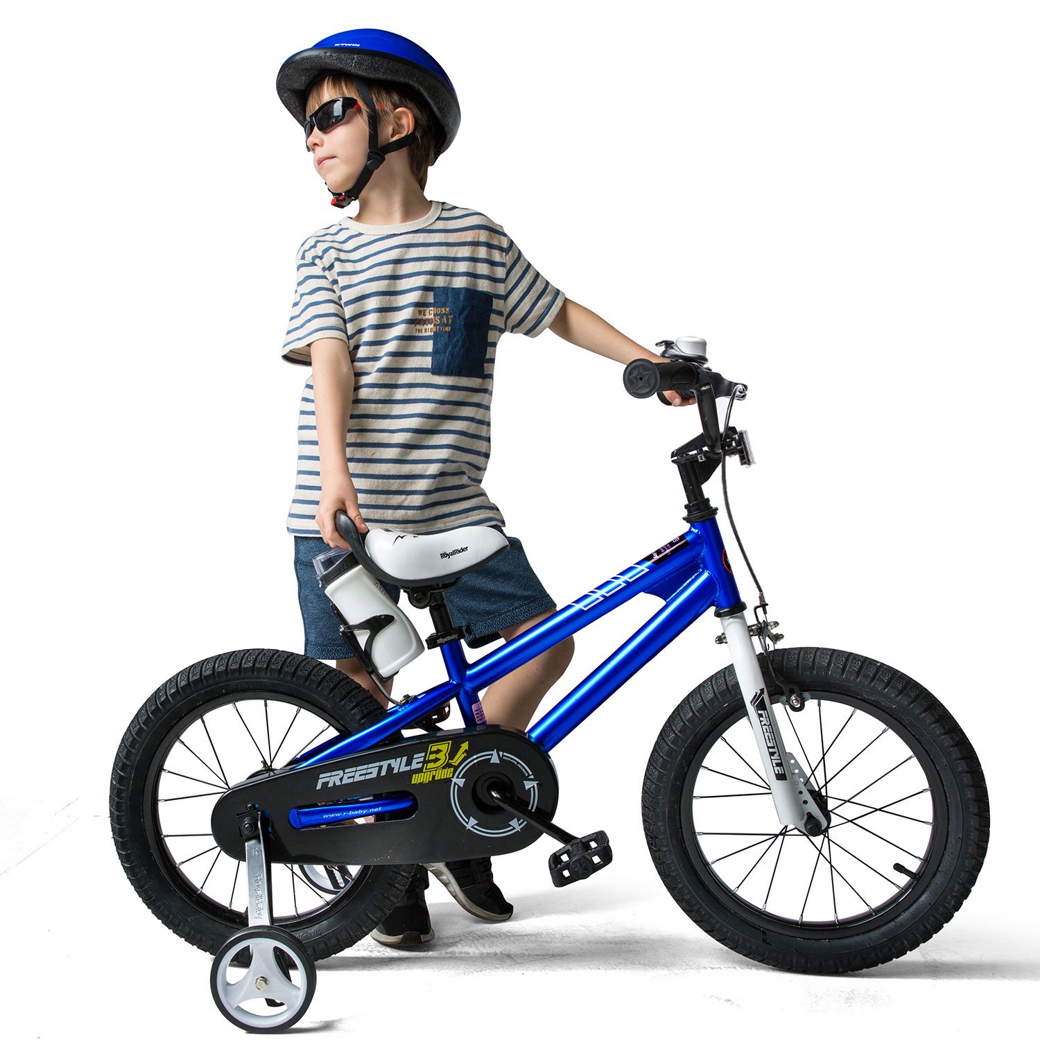 Royalbaby Freestyle 14 In. Kids Bike with Training Wheels and Water Bottle. Blue