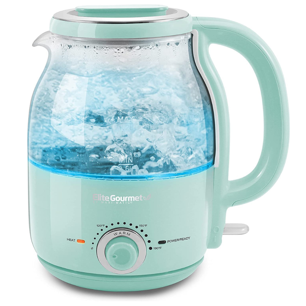 Elite Gourmet 1.2L Adjustable Temperature Electric Glass Kettle. Mint