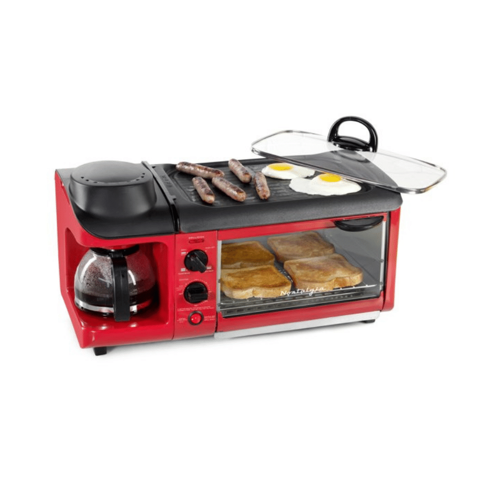 Nostalgia Retro 3-in-1 Family Size Electric Breakfast Station. Coffeemaker. Griddle. Toaster Oven. Retro Red
