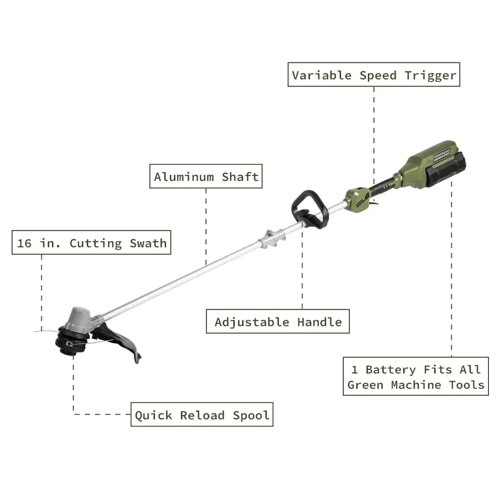 Green Machine 62V Cordless Battery 16in. String Trimmer Cut Swath Brushless Motor
