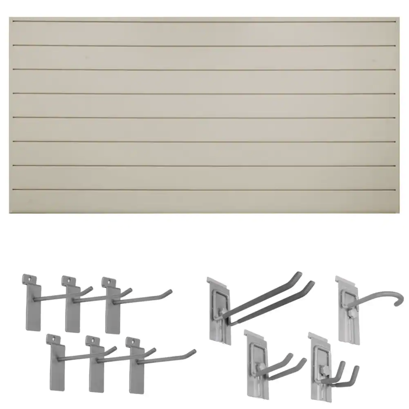 Crownwall 48 in. H x 96 in. W Starter Bundle PVC Slatwall Panel Set with Locking Hook Kit in Sandstone (10-Piece)