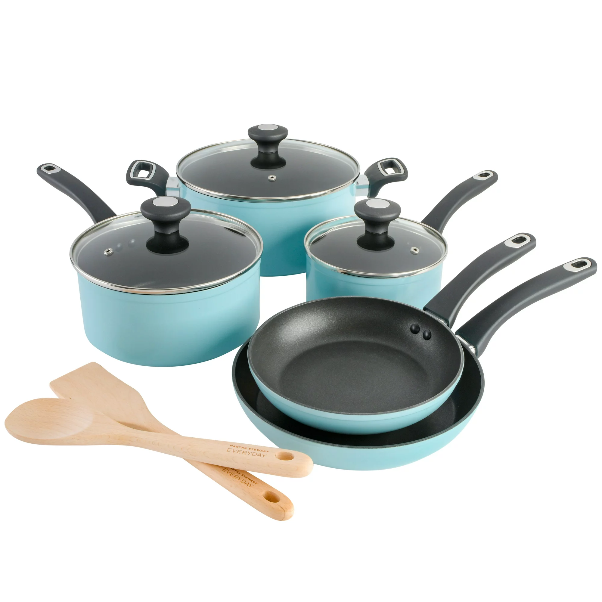 Martha Stewart Everyday Hearne 10-Piece Enamel Aluminum Cookware Set. Dusty Blue