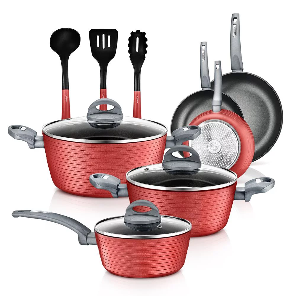 NutriChef 12 Piece Pots & Pans Non-Stick Cookware Set. Dark Gray and Red