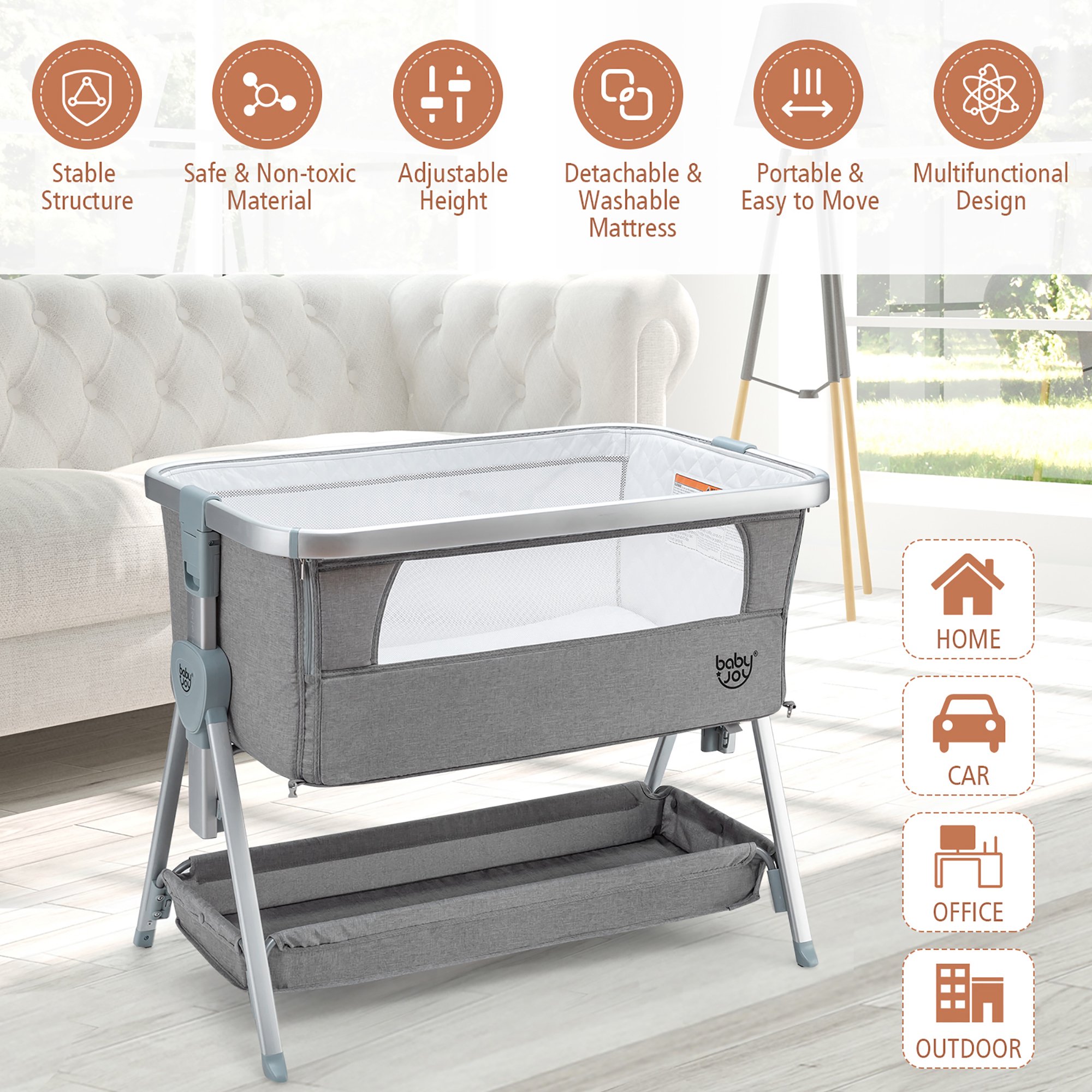 Costway Babyjoy Baby Bed Side Crib. Portable Adjustable Infant Travel Sleeper Bassinet. Light Grey