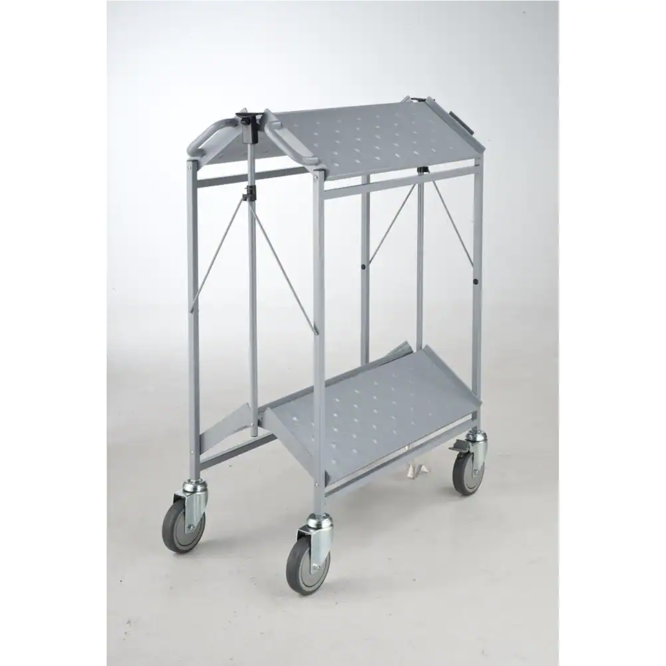 Master Grade Folding Carts. 2-shelf Grey. 550 lb. Capacity. Swivel Caster Size 5 in. x1.5 in. with 2 Brakes