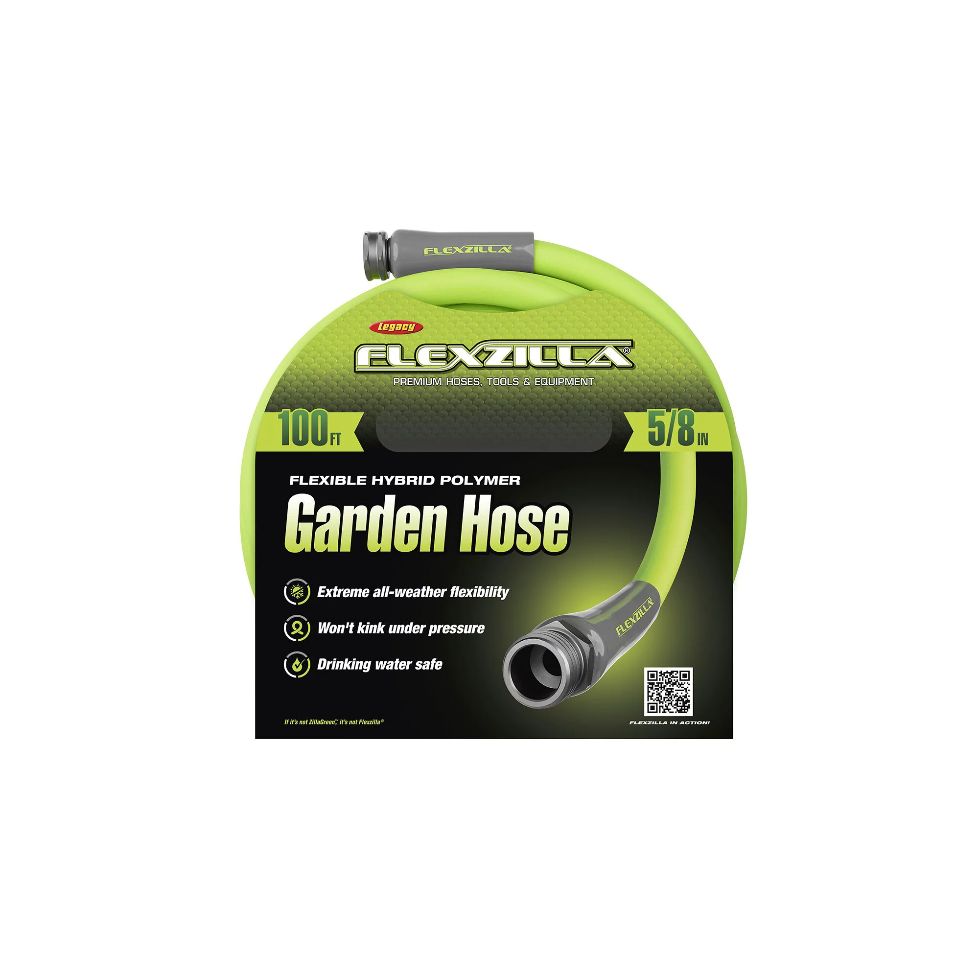 Flexzilla Garden Hose. 5/8″ x 100′. 3/4″ - 11 1/2 GHT Fittings. Flexible Hybrid Polymer. ZillaGreen