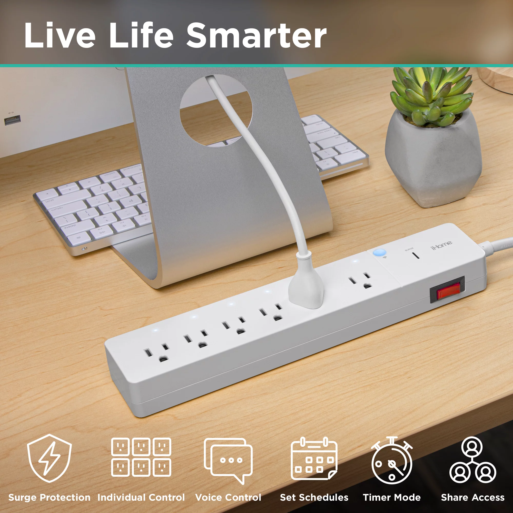 iHome 6 Outlet Smart Surge Protector Works with Alexa and Google Home. App Control. and Timer. 3 Prong