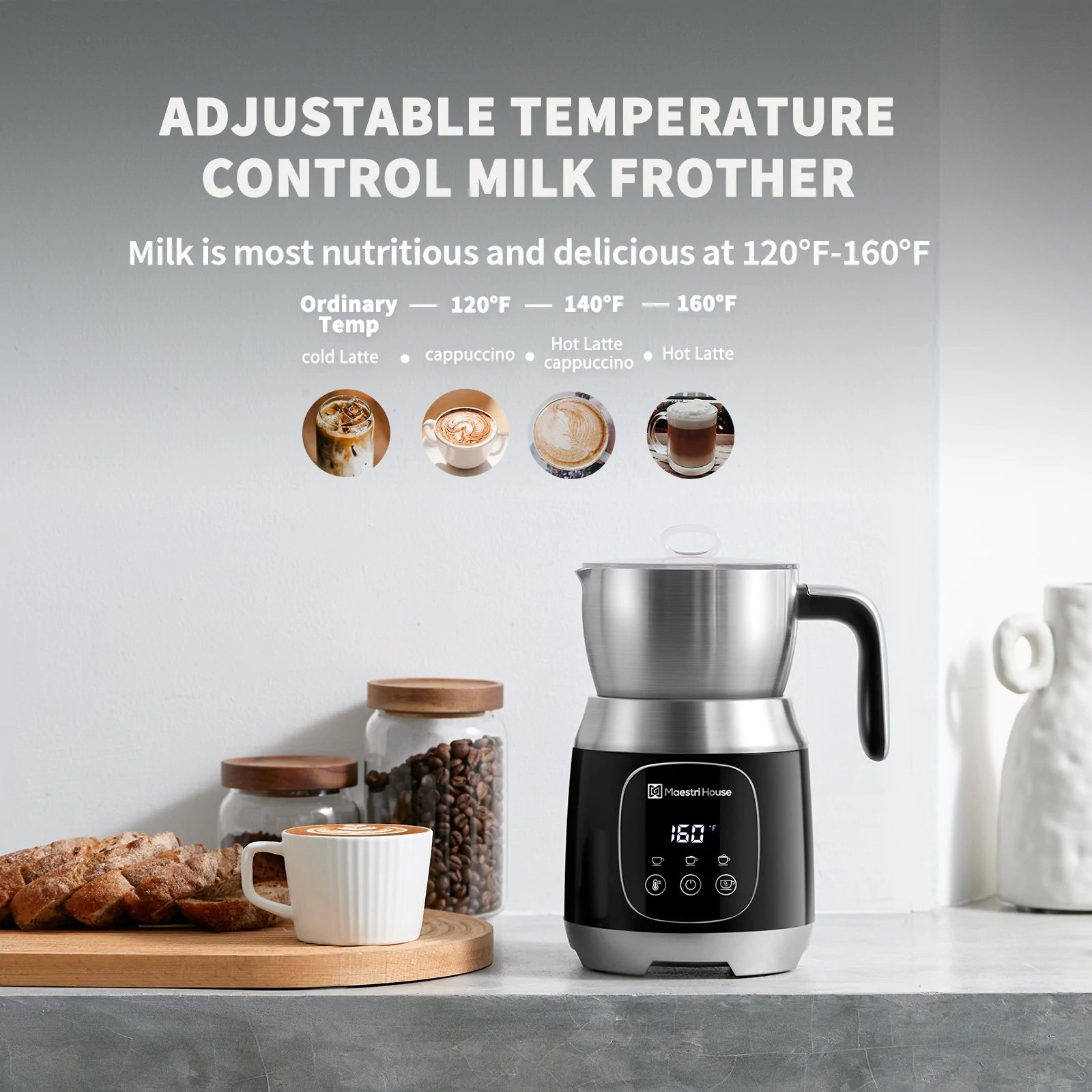 Maestri House 21 Oz Variable Temp and Froth Thickness Milk Frother and Steamer. Smart Touch Control. Carbonado Black