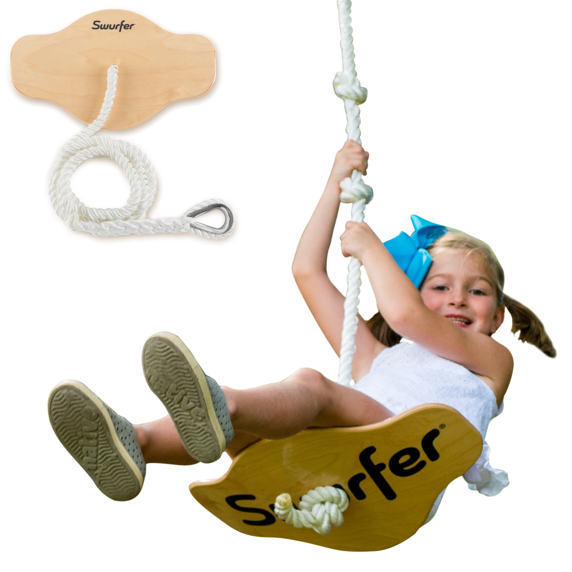Swurfer Swift Maple Wood Curved Disc Swing with Heavy Duty Braided Rope. Holds up to 150 Pounds