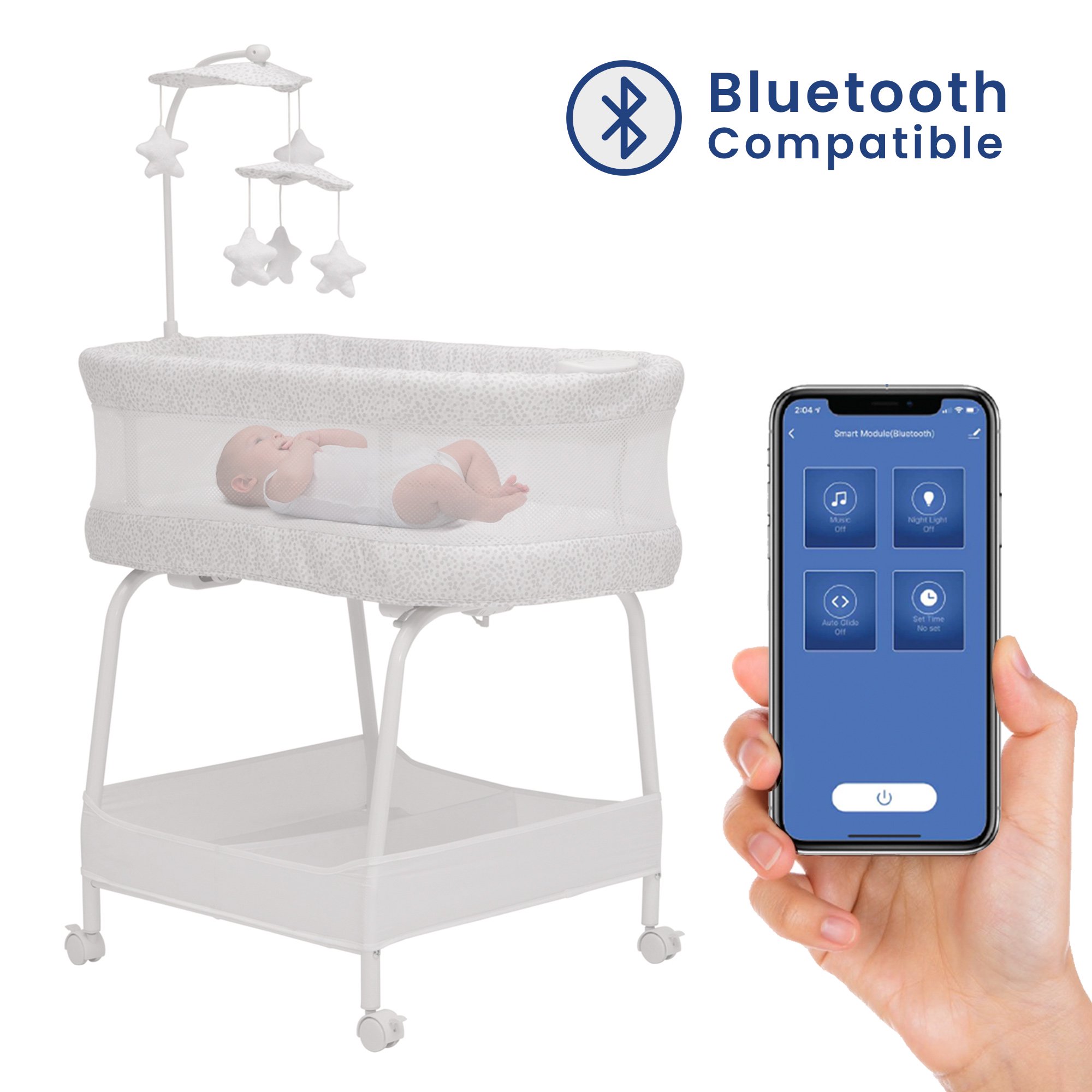 Delta Children SmartSleep Auto Glide Bassinet with Bluetooth. Alloy