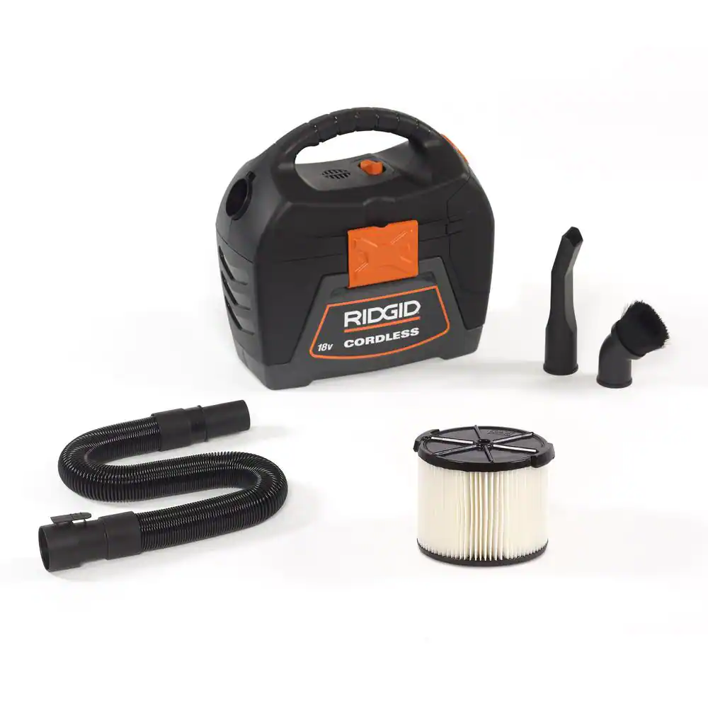 Ridgid 3 Gallon 18-Volt Cordless Handheld Wet/Dry Shop Vacuum (Tool Only) With Filter. Expandable Locking Hose and Accessories