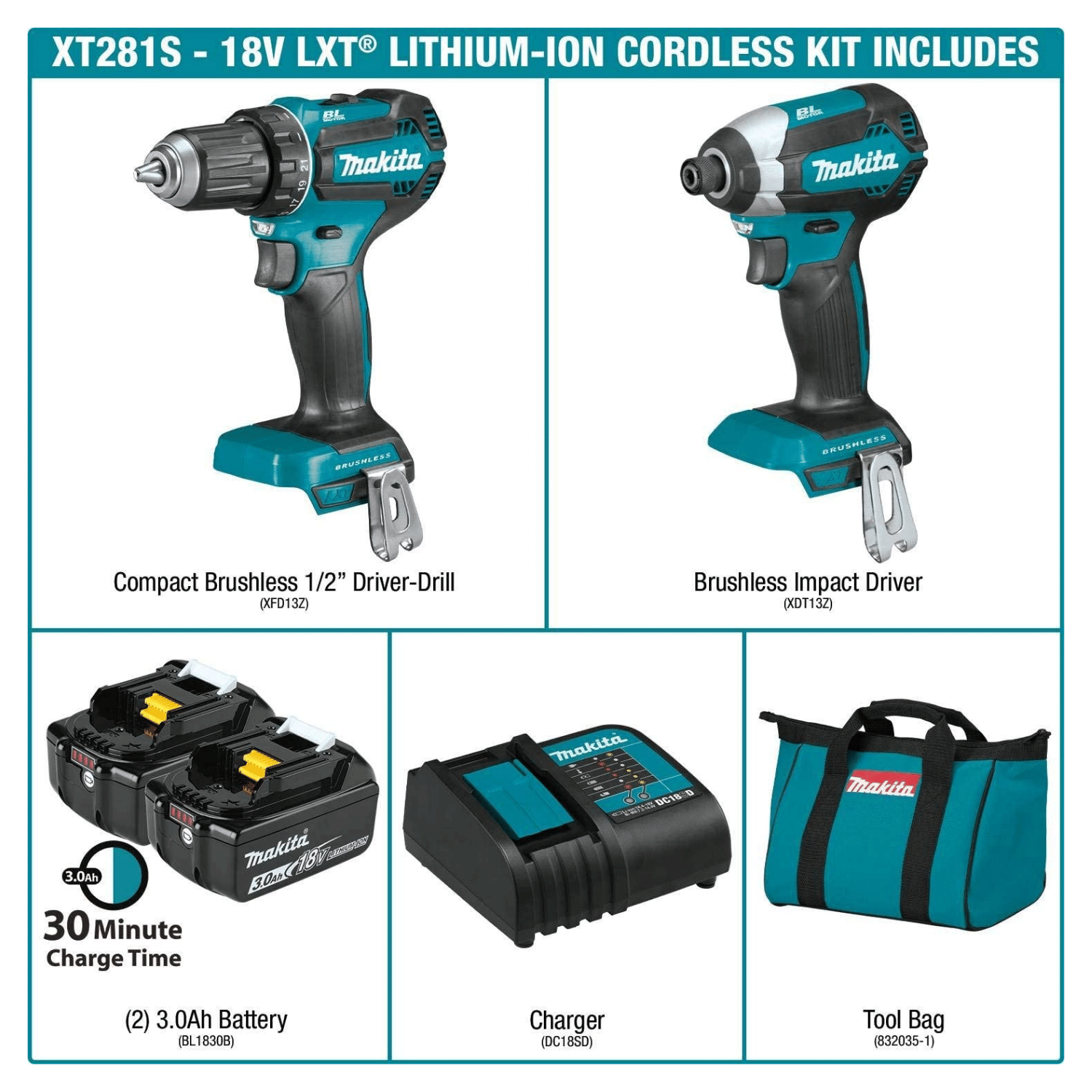 Makita XT281S 18V LXT 2-Pc. Combo Kit (3.0Ah)