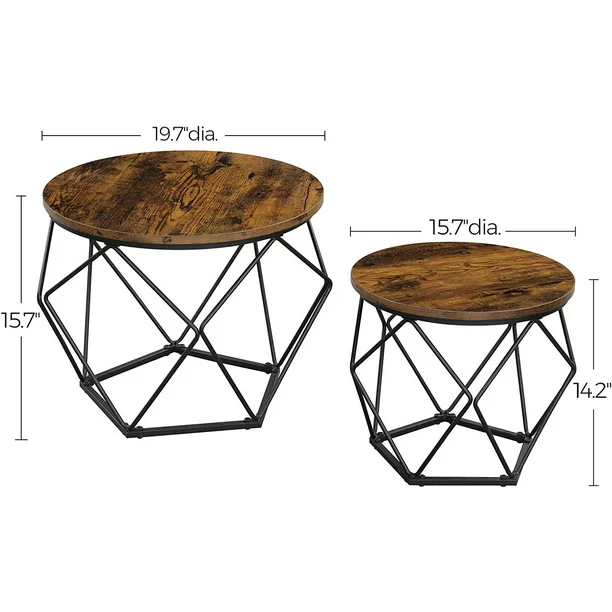 Vasagle Round Coffee Table Set Of 2. Side End Table With Steel Frame For Living Room. Rustic Brown And Black