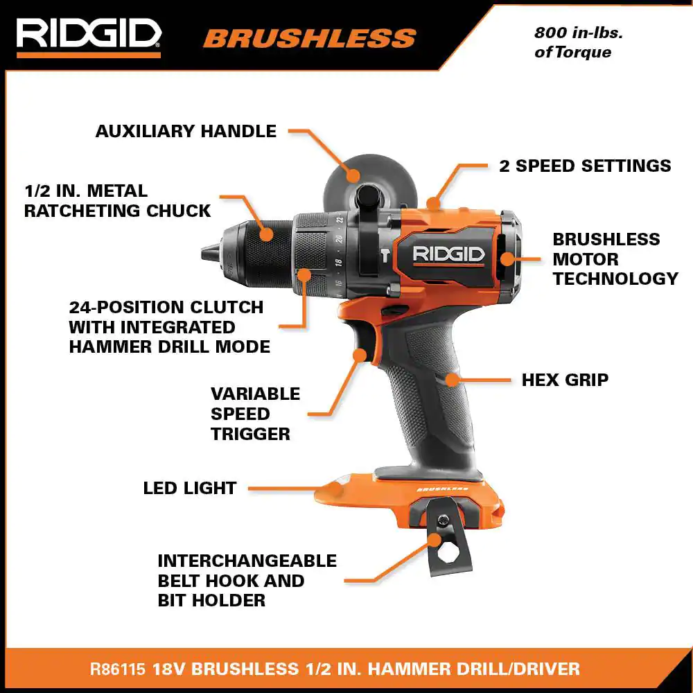 Ridgid 18V Brushless Cordless 1/2 in. Hammer Drill/Driver (Tool Only)