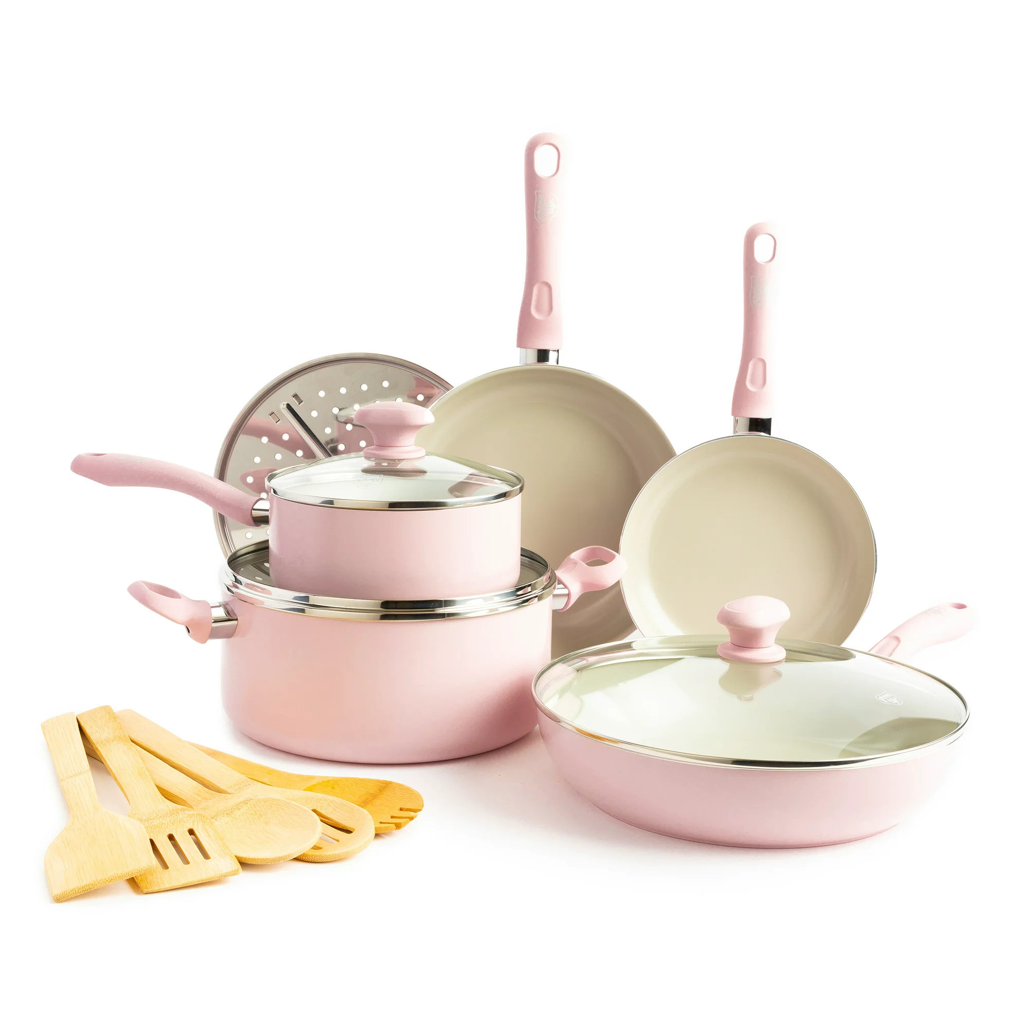 GreenLife Diamond Healthy Ceramic Nonstick. Cookware Pots and Pans Set. 14 piece. Pink