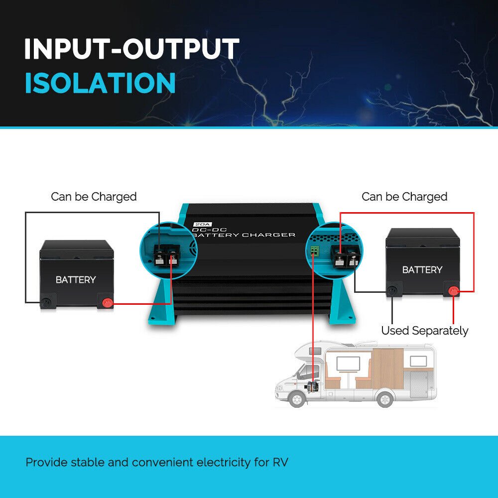 Renogy 12V 20A DC to DC On-Board Battery Charger for Flooded. Gel. AGM. and Lithium. Using Multi-Stage Charging. 20A