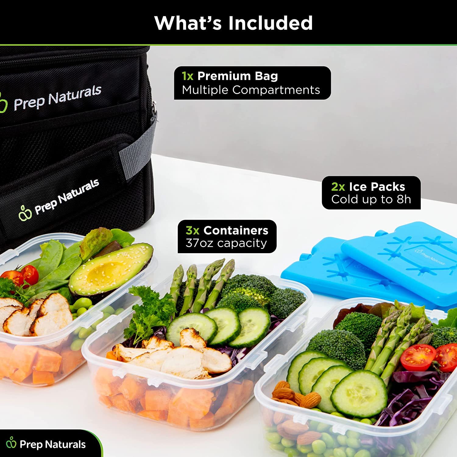 Prep Naturals Small Cooler Bag Insulated Lunch Box. Includes 3 BPA-Free Lunch Containers. 2 Ice Packs